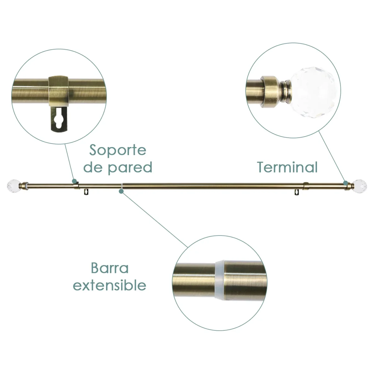 Barra De Cortinas Universal Extensible Acero Bola Cristal. Dorado - Imagen 3