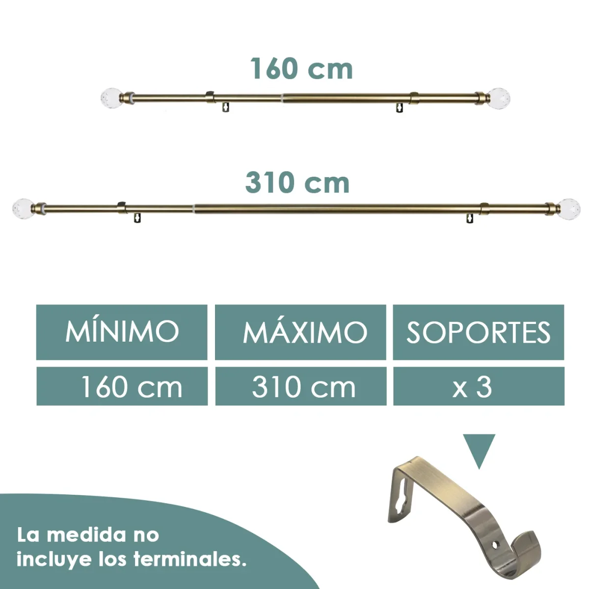 Barra De Cortinas Universal Extensible Acero Bola Cristal. Dorado - Imagen 6