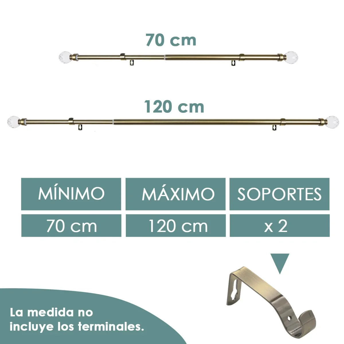 Barra De Cortinas Universal Extensible Acero Bola Cristal. Dorado - Imagen 4