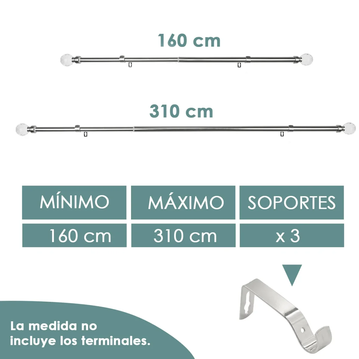 Barra De Cortinas Universal Extensible Acero Bola Cristal. Plata - Imagen 6