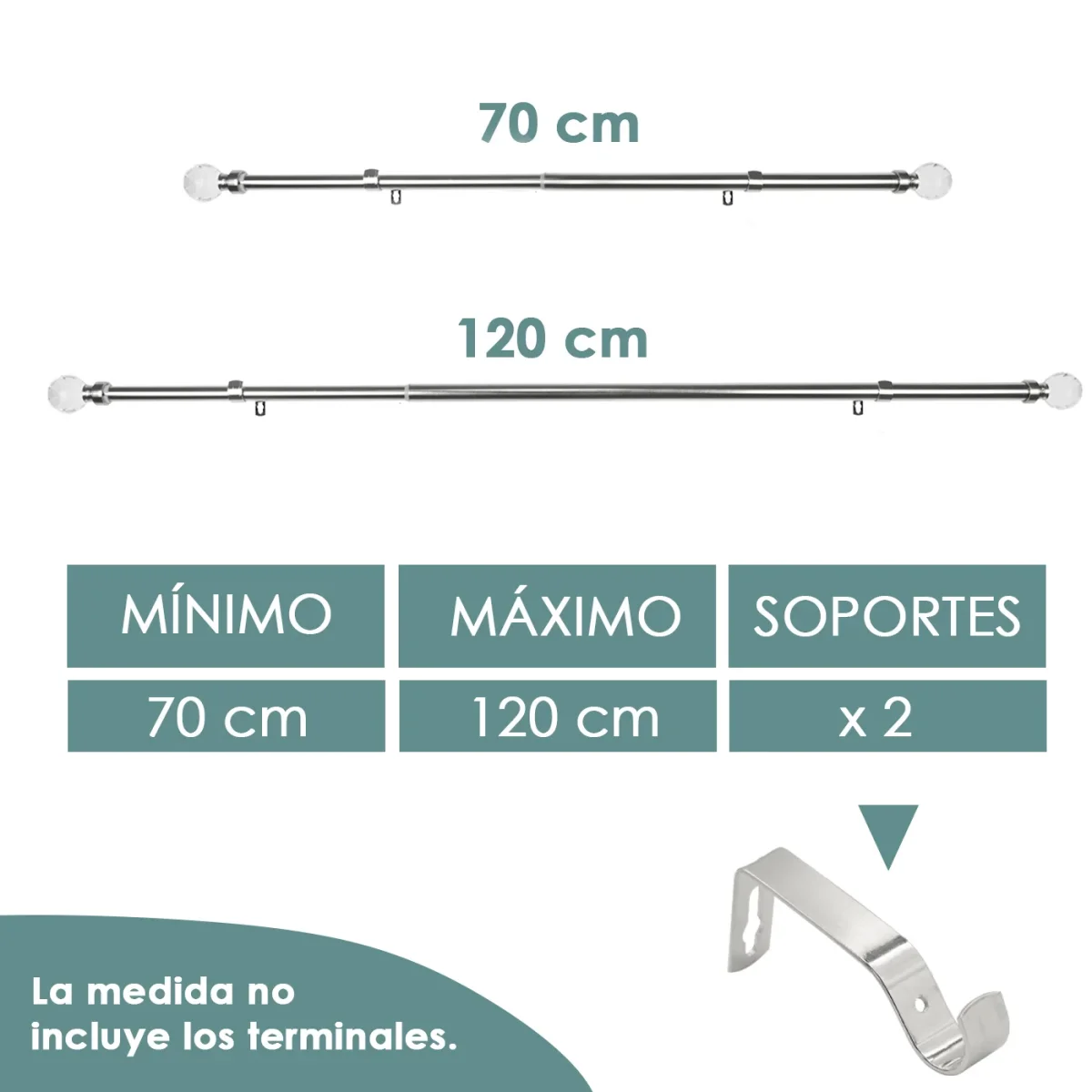 Barra De Cortinas Universal Extensible Acero Bola Cristal. Plata - Imagen 4