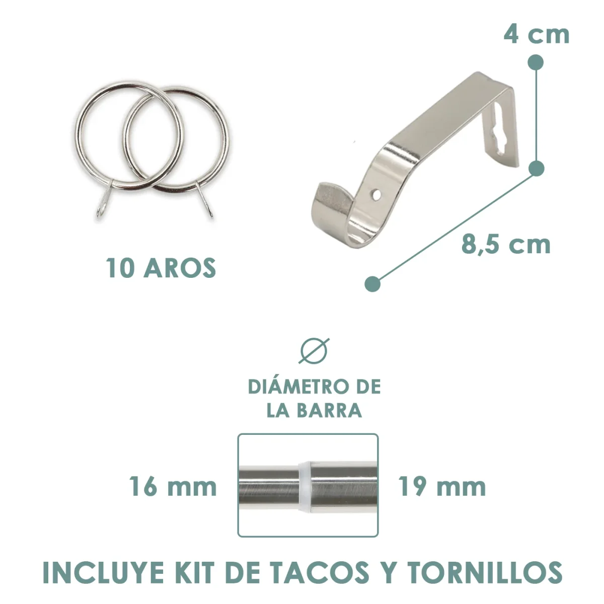 Barra De Cortinas Universal Extensible Acero Bola Cristal. Plata - Imagen 7