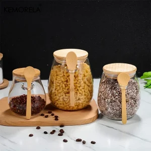 Frasco de Vidrio con Tapa de Bambú y Cuchara