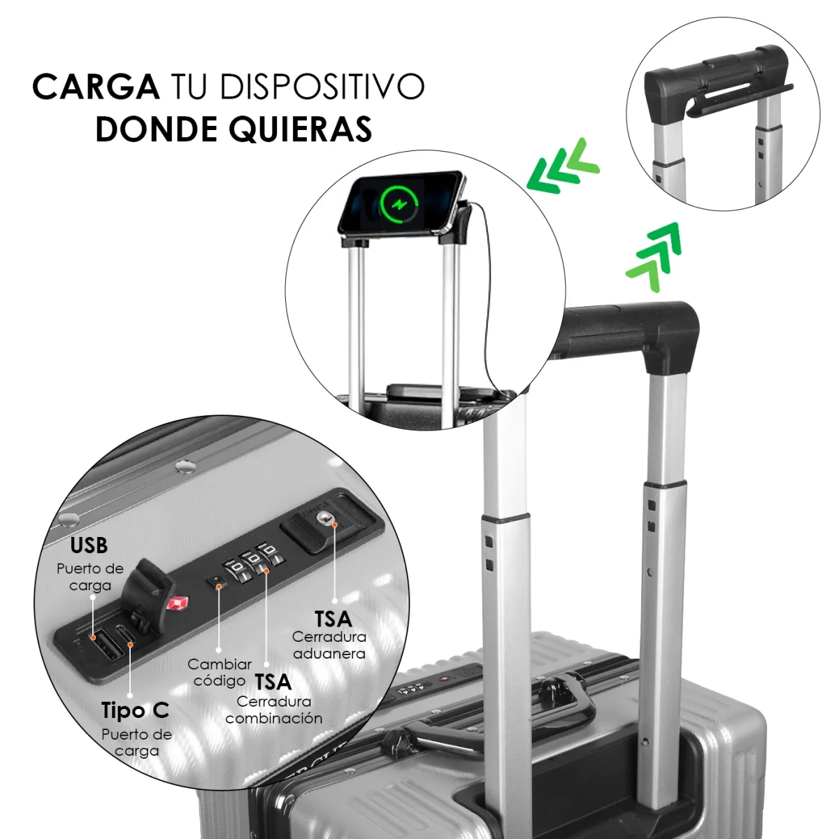 Maleta de Cabina con Neceser de Policarbonato y ABS con USB- Gris Claro - Imagen 4
