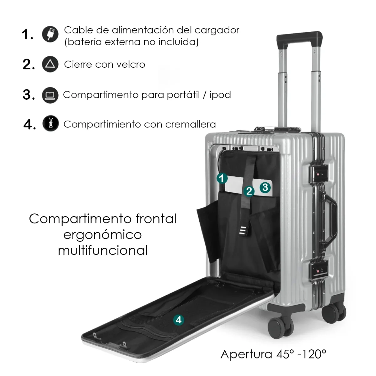 Maleta de Cabina con Neceser de Policarbonato y ABS con USB- Gris Claro - Imagen 6