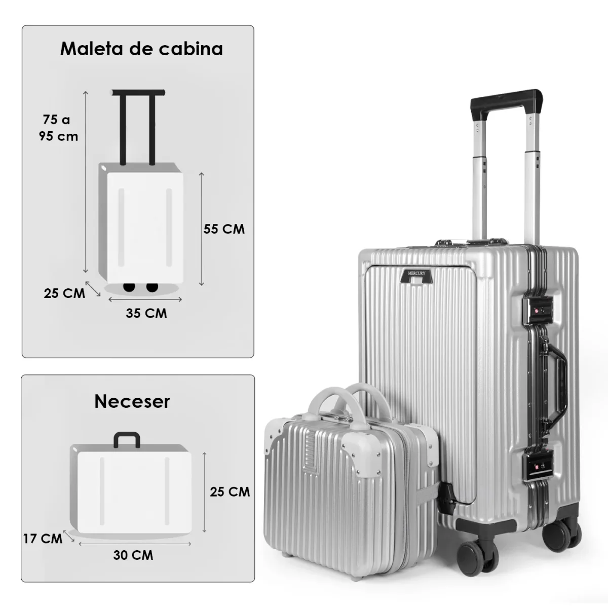 Maleta de Cabina con Neceser de Policarbonato y ABS con USB- Gris Claro - Imagen 7