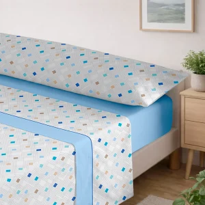 Juego Sábanas Estampadas de Verano y Entretiempo 100% Poliéster- Rombos Azul