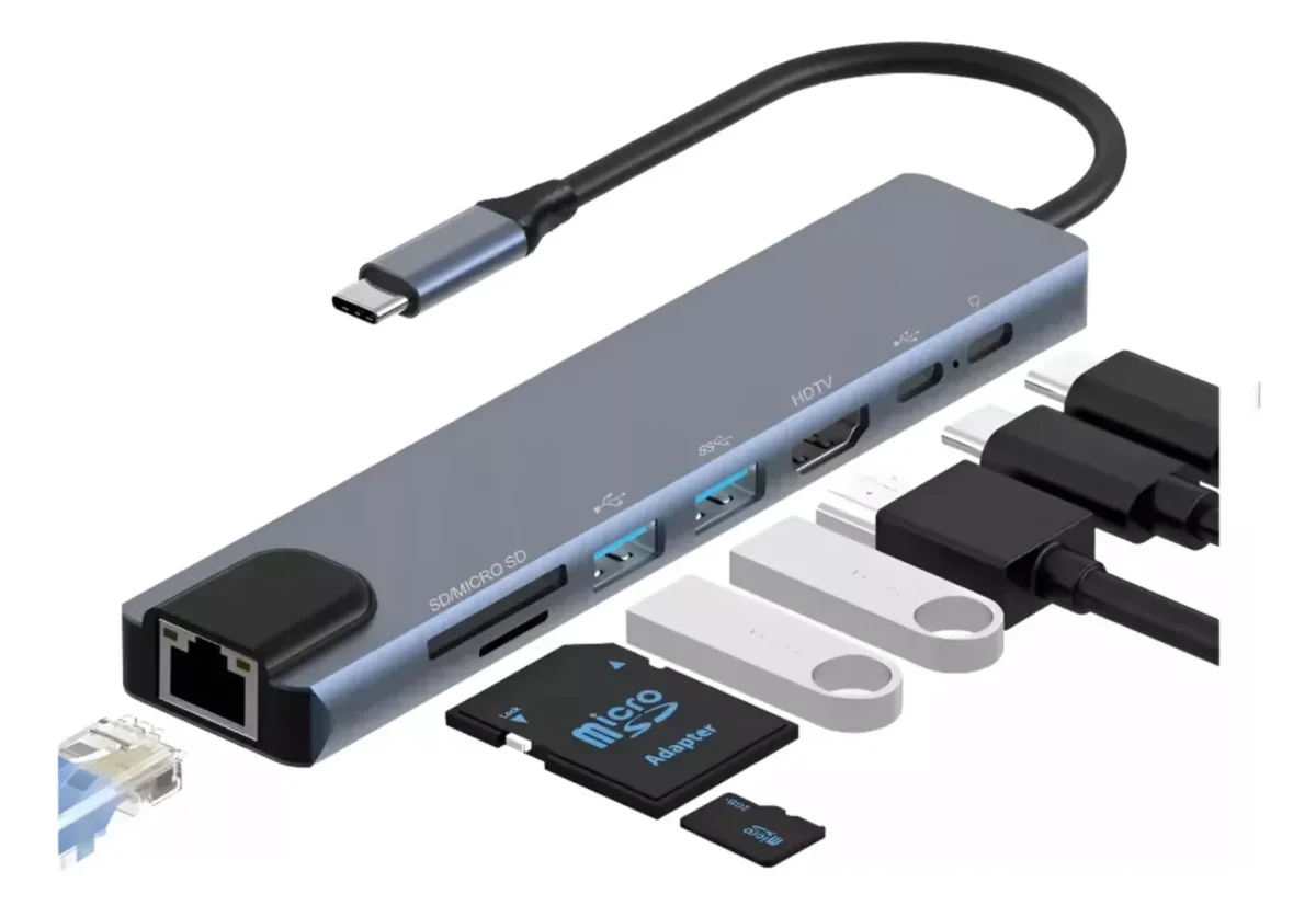 Hub Usb-c 8 En 1 Con Hdmi, Usb Ethernet Lector Tarjetas Memo
