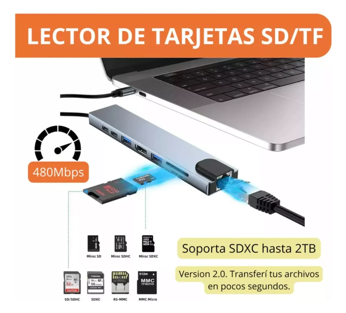 Hub Usb-c 8 En 1 Con Hdmi, Usb Ethernet Lector Tarjetas Memo - Imagen 5