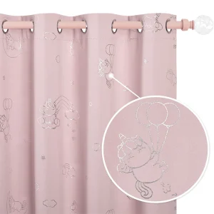 Cortina infantil rosa con unicornios plateados