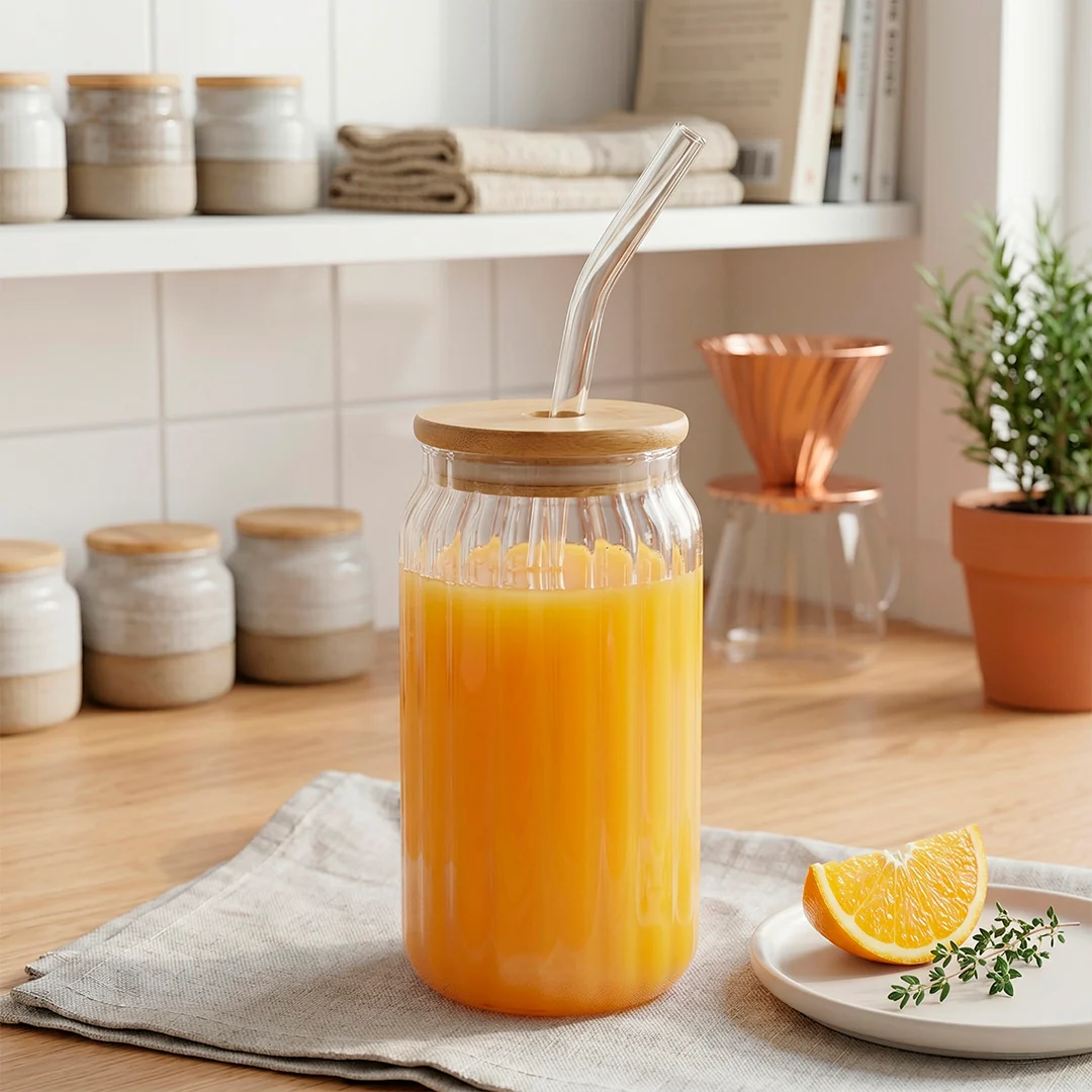 Vaso de Vidrio Estriado con Tapa de Bambú