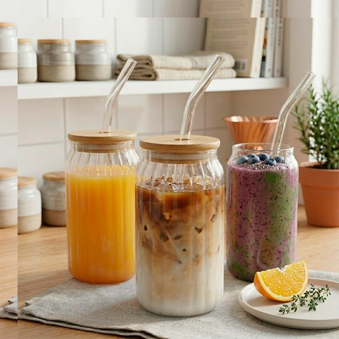 Vaso de Vidrio Estriado con Tapa de Bambú - Imagen 4