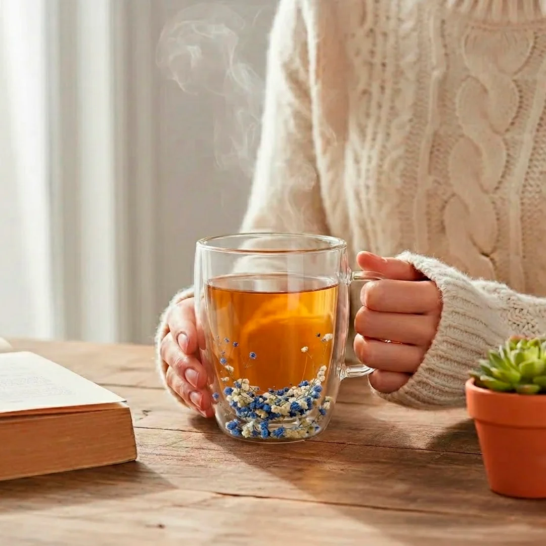 Taza de Vidrio Doble Pared con Flores - Imagen 7