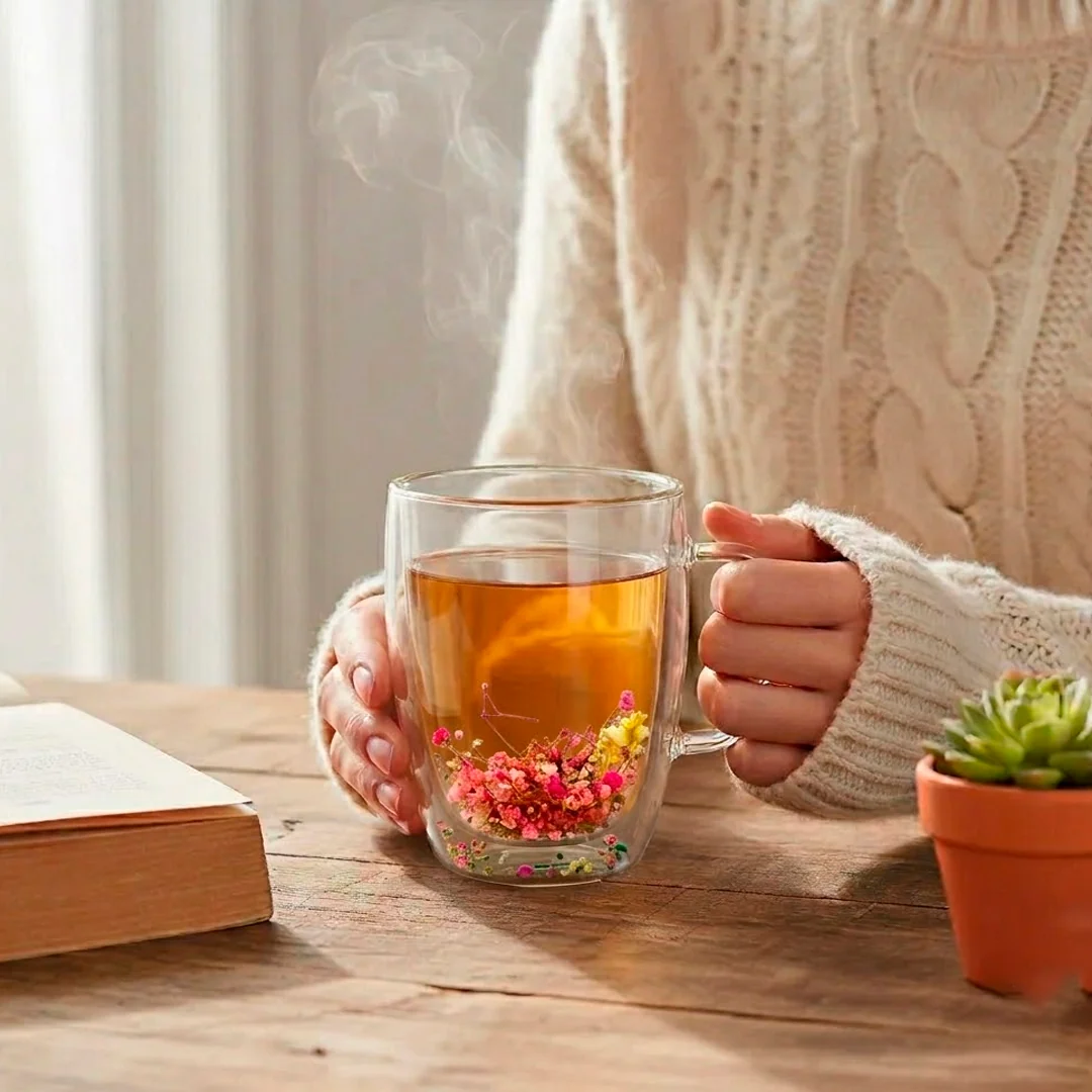 Taza de Vidrio Doble Pared con Flores - Imagen 2