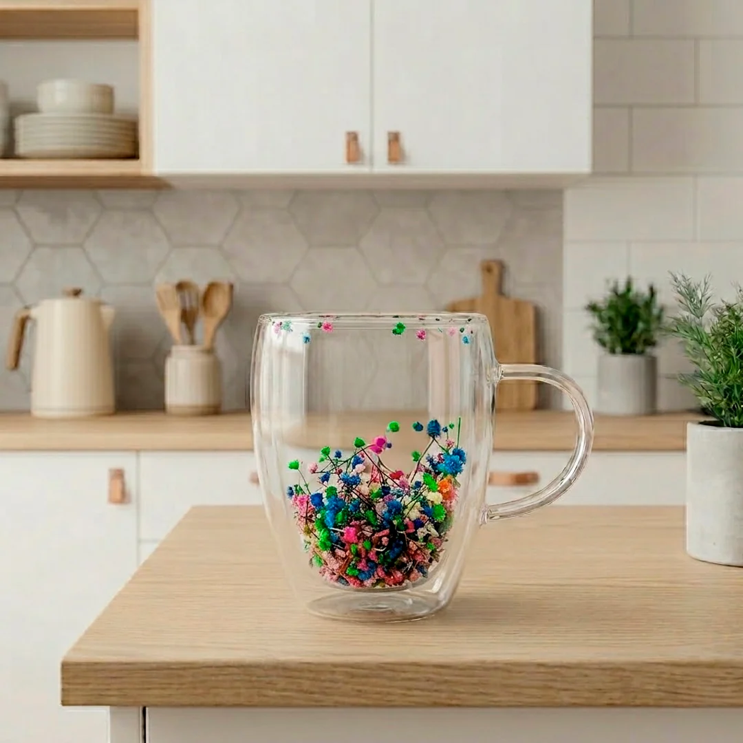 Taza de Vidrio Doble Pared con Flores - Imagen 6