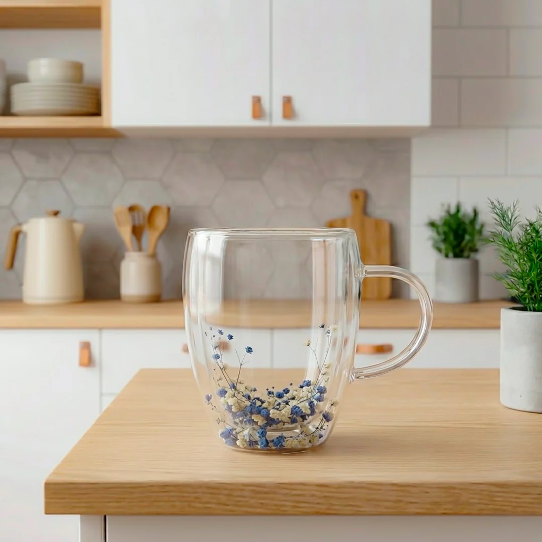 Taza de Vidrio Doble Pared con Flores - Imagen 3