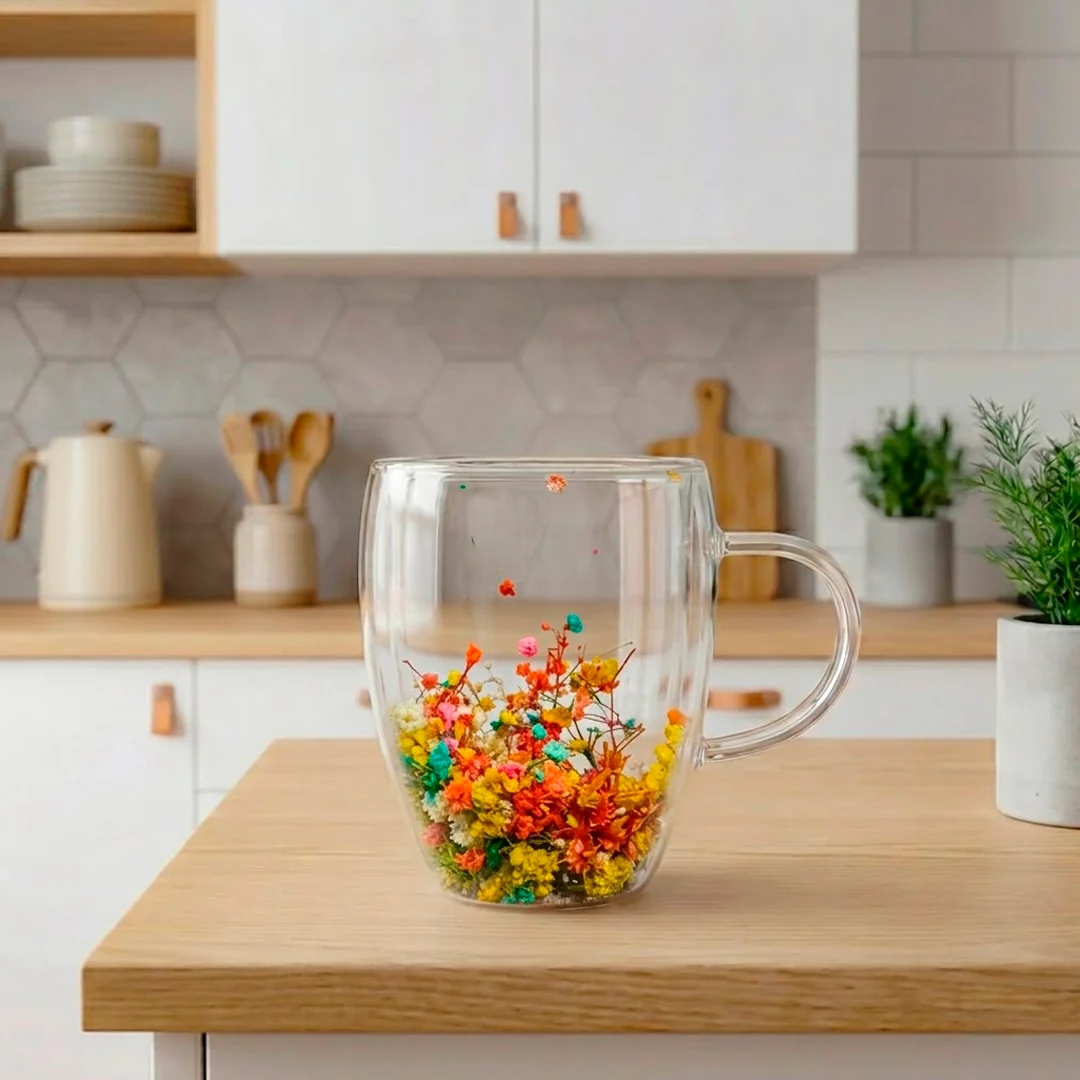 Taza de Vidrio Doble Pared con Flores - Imagen 4
